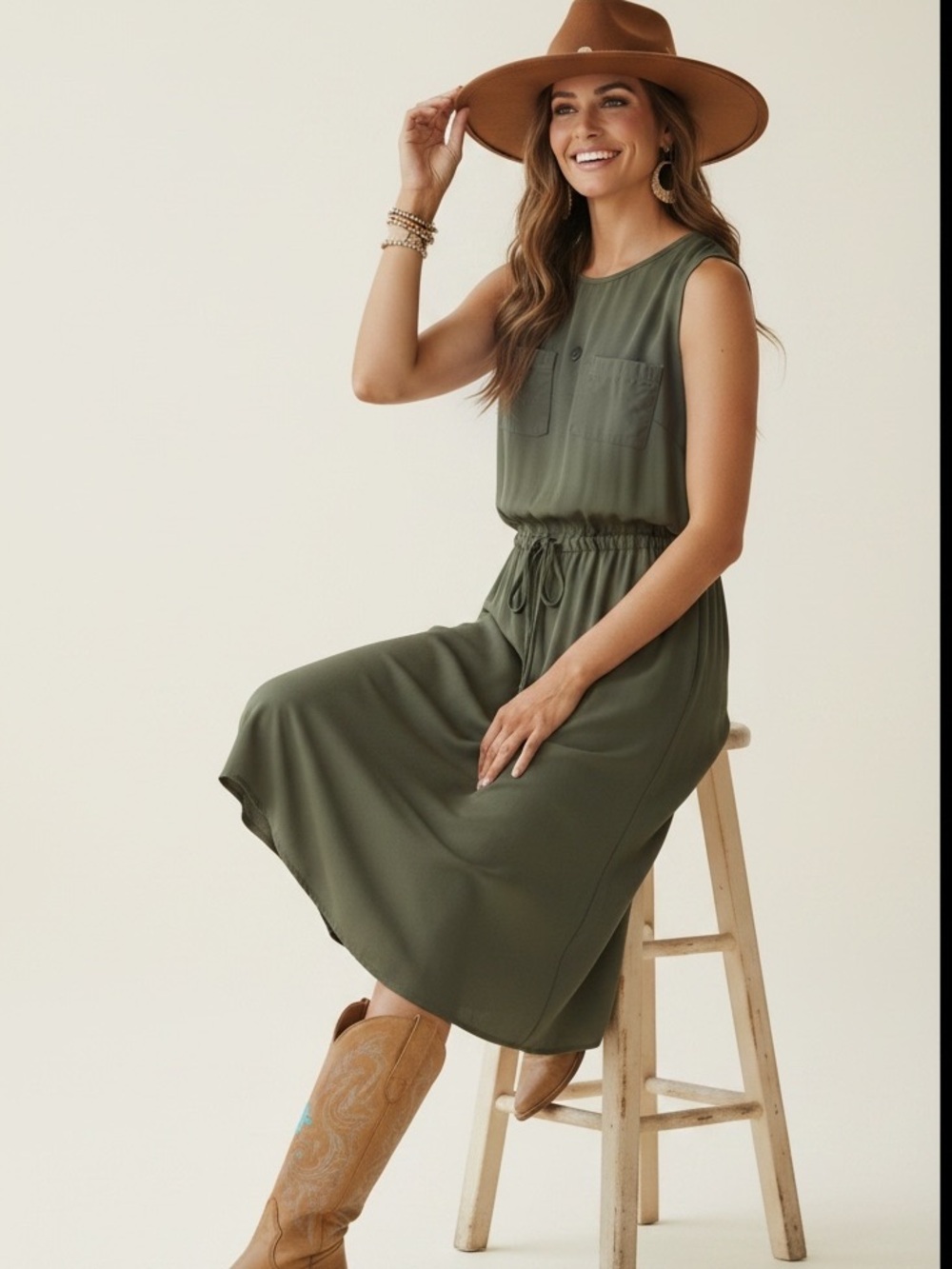 Lou & Grey Pocket Dress Drawstring Waist Sandwash Olive Green Casual Athleisure
